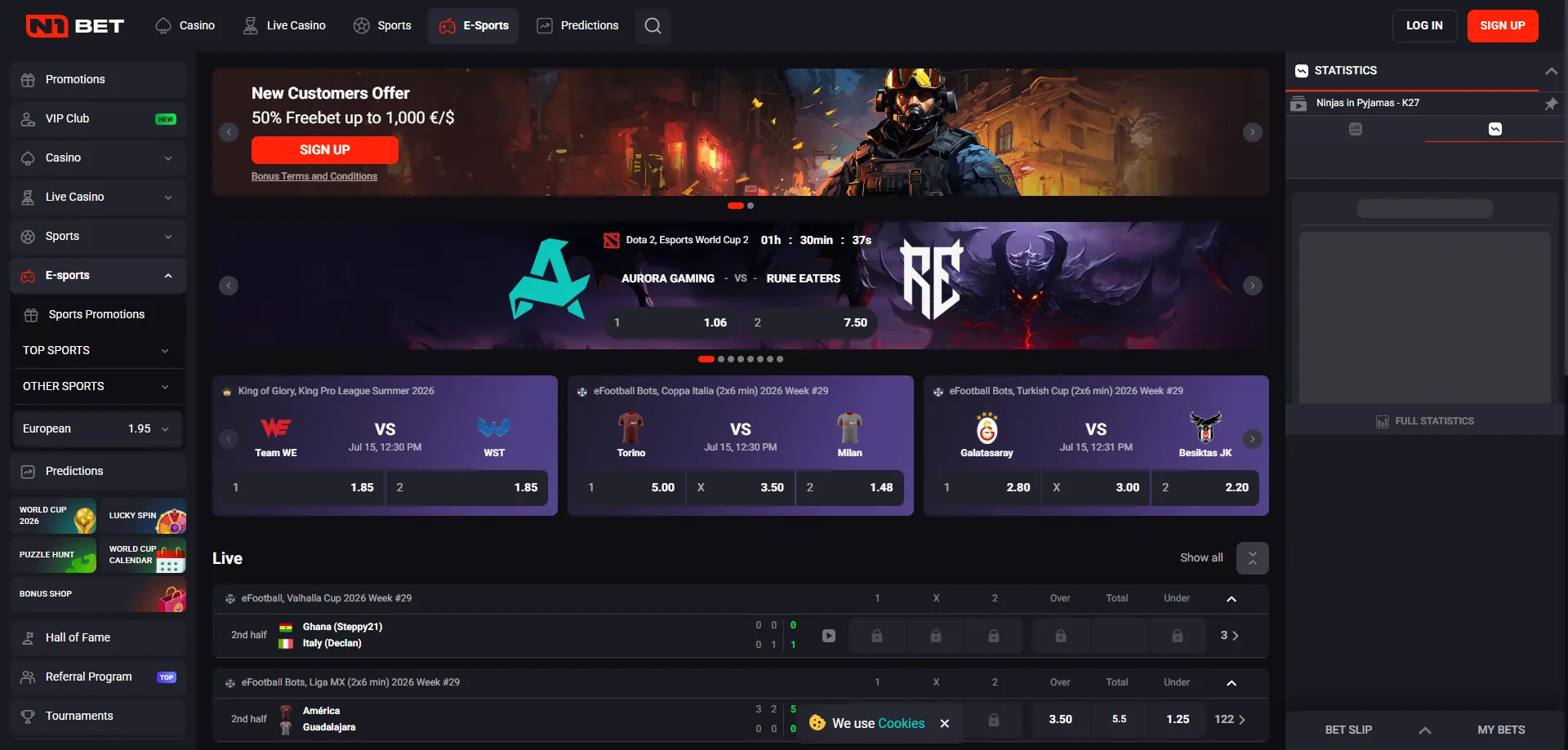 N1Bet Casino AU sports betting dashboard &mdash; football, tennis and esports markets